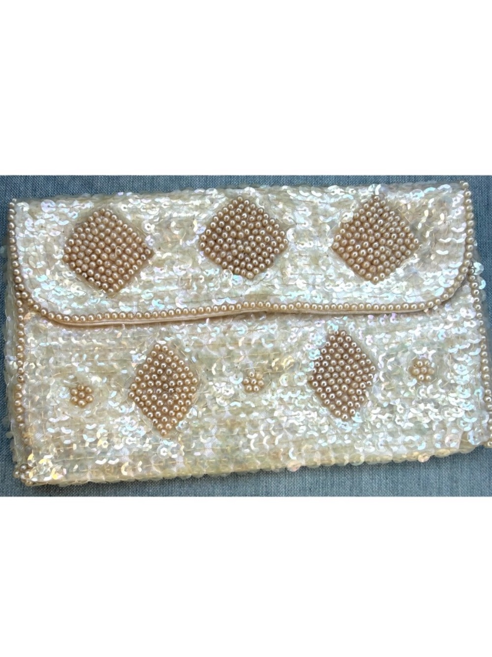 Vintage 50’s Pearl-Embellished Ivory Sequin Clutch